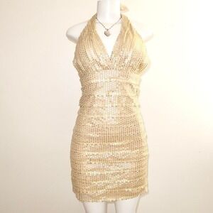 seductions gold sequin halter mini dress size large